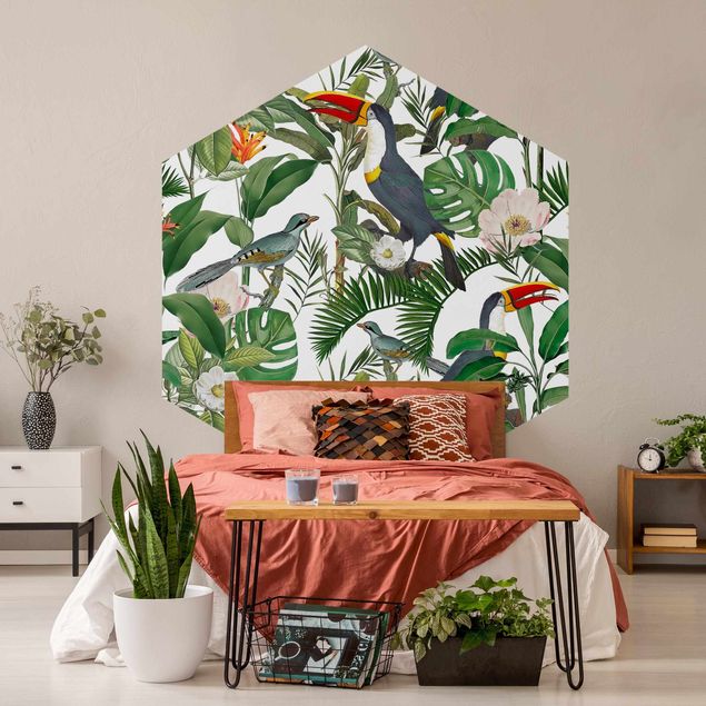 Design Tapeten Tropischer Tukan mit Monstera und Palmenblättern