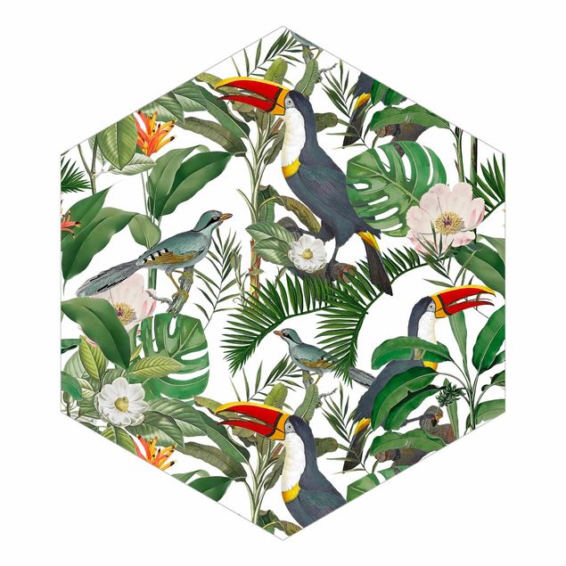 Tapeten Tropischer Tukan mit Monstera und Palmenblättern