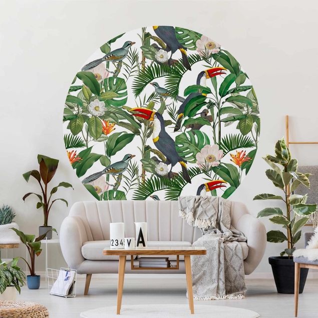Fototapete Vögel Tropischer Tukan mit Monstera und Palmenblättern