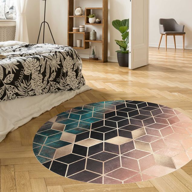 Teppich abstrakt Türkis Rosé goldene Geometrie