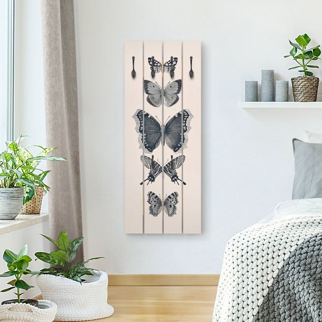 Wandgarderobe Holzpalette - Tusche Schmetterlinge auf Beige