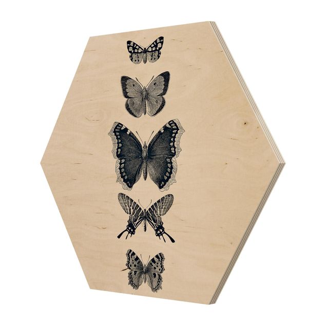 Hexagon Bild Holz - Tusche Schmetterlinge auf Beige