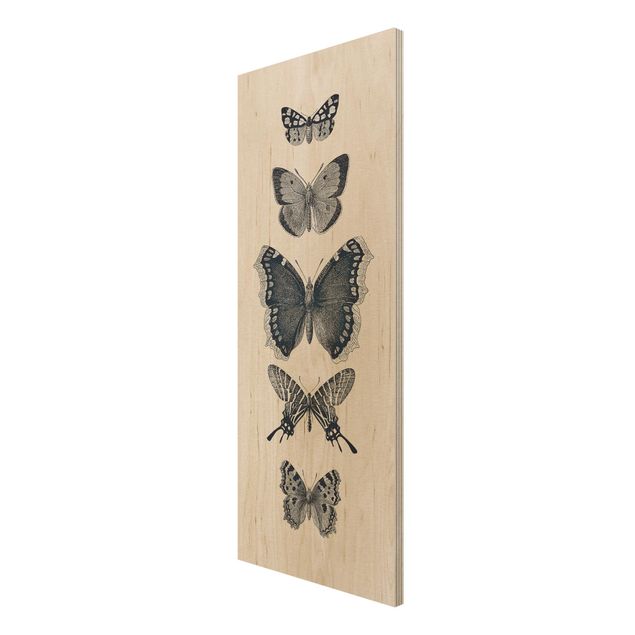 Holzbild - Tusche Schmetterlinge auf Beige - Hochformat