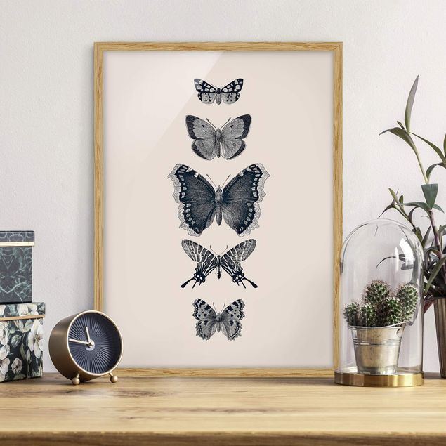 Moderne Bilder mit Rahmen Tusche Schmetterlinge auf Beige