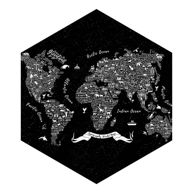 Hexagon Mustertapete selbstklebend - Typografie Weltkarte schwarz