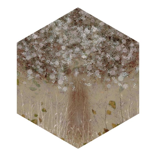Hexagon Mustertapete selbstklebend - Verträumter Baum auf Wiese