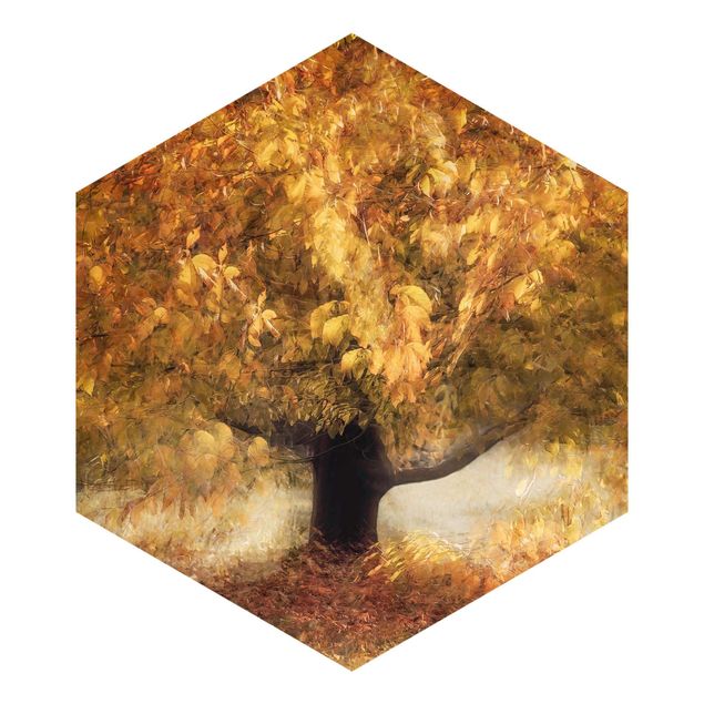 Hexagon Mustertapete selbstklebend - Verträumter Baum im Herbst