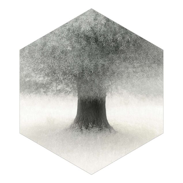 Hexagon Mustertapete selbstklebend - Verträumter Baum in Weiß