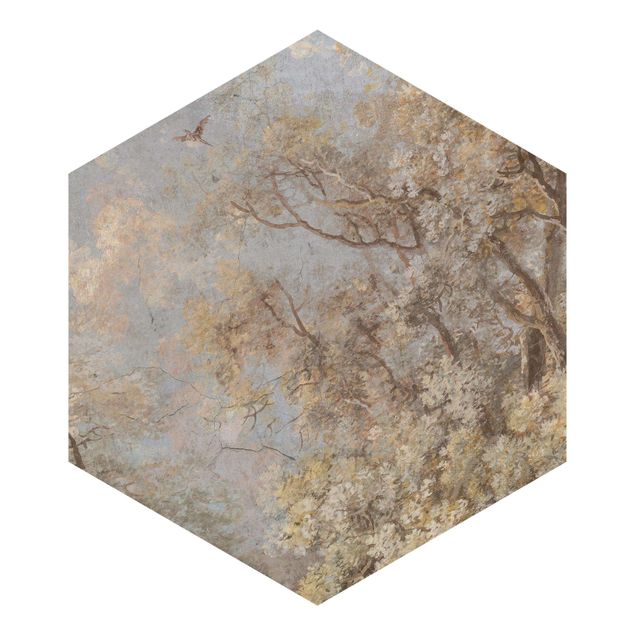 Hexagon Mustertapete selbstklebend - Verwunschener Wald am Morgen