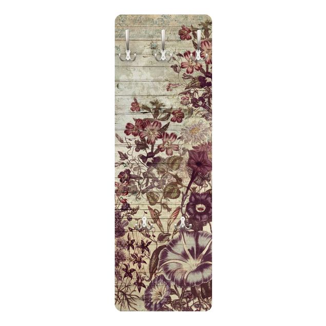 Wandgarderobe mit Motiv Vintage Blumen Holzoptik II