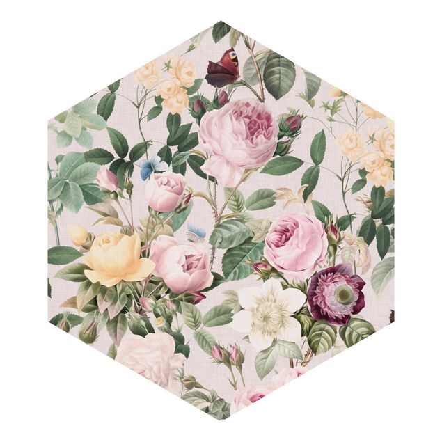 Hexagon Mustertapete selbstklebend - Vintage Blumen Illustration XXL