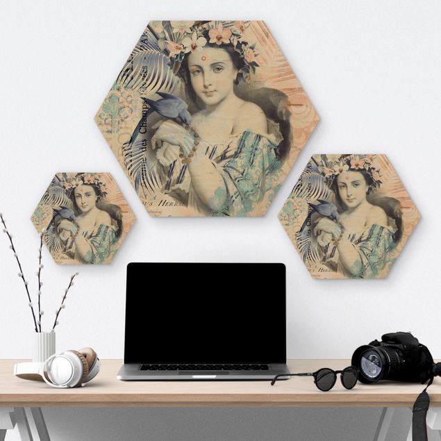 Hexagon-Holzbild - Vintage Collage - Exotische Schönheit