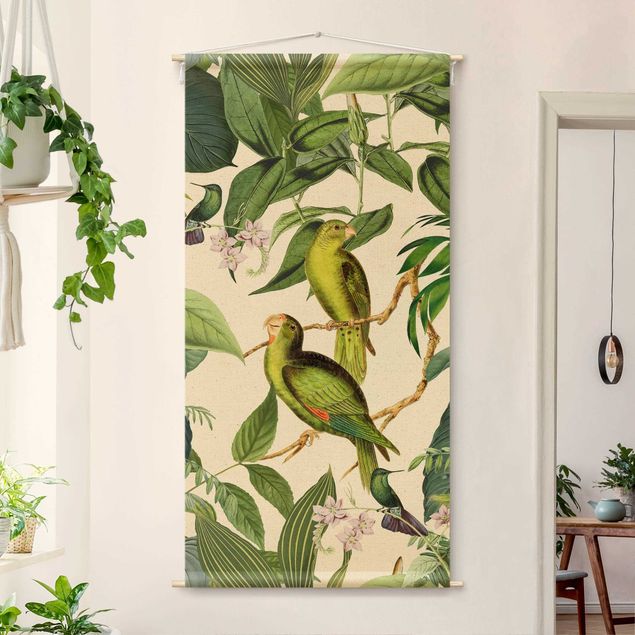 Wandbehang Stoffbild Vintage Collage - Papageien im Dschungel