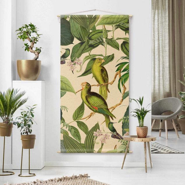 Wandbehang Tuch Vintage Collage - Papageien im Dschungel