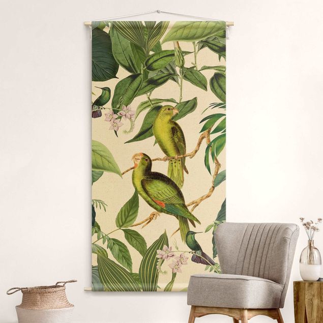 Großes Wandtuch Vintage Collage - Papageien im Dschungel
