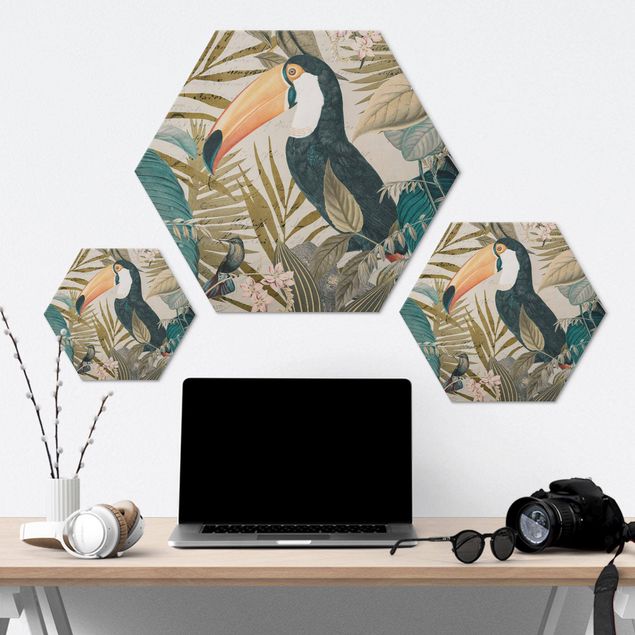 Hexagon-Alu-Dibond Bild - Vintage Collage - Tukan im Dschungel