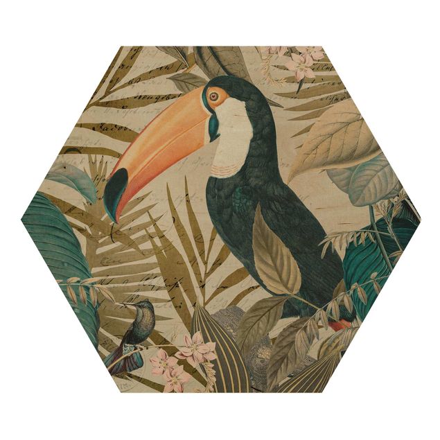 Hexagon-Holzbild - Vintage Collage - Tukan im Dschungel