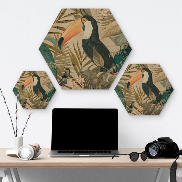 Hexagon-Holzbild - Vintage Collage - Tukan im Dschungel