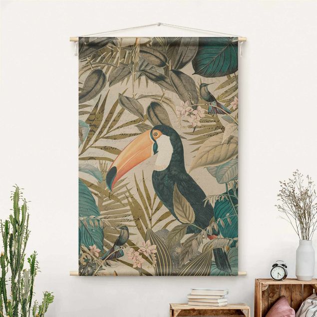 Wandbehang modern Vintage Collage - Tukan im Dschungel