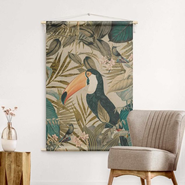Wandbehang groß Vintage Collage - Tukan im Dschungel