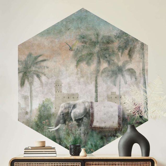 Tapete Dschungel Vintage Dschungel Szene mit Elefant