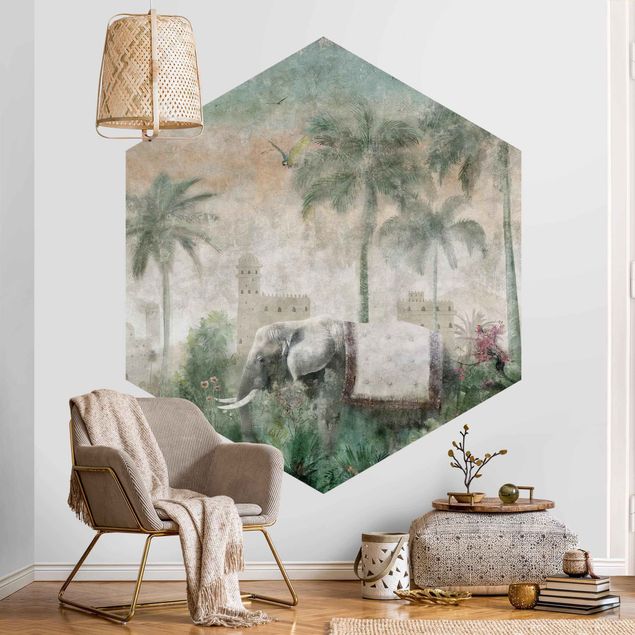 Retro Tapete Vintage Dschungel Szene mit Elefant