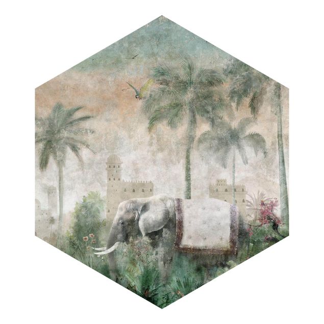 Tapeten Vlies Vintage Dschungel Szene mit Elefant