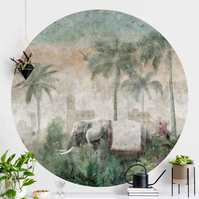 Design Tapeten Vintage Dschungel Szene mit Elefant