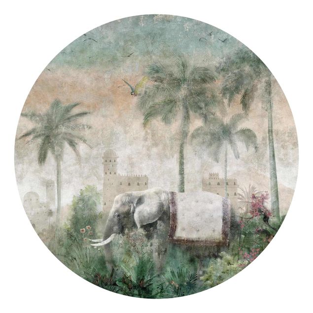 Vlies Tapeten Vintage Dschungel Szene mit Elefant