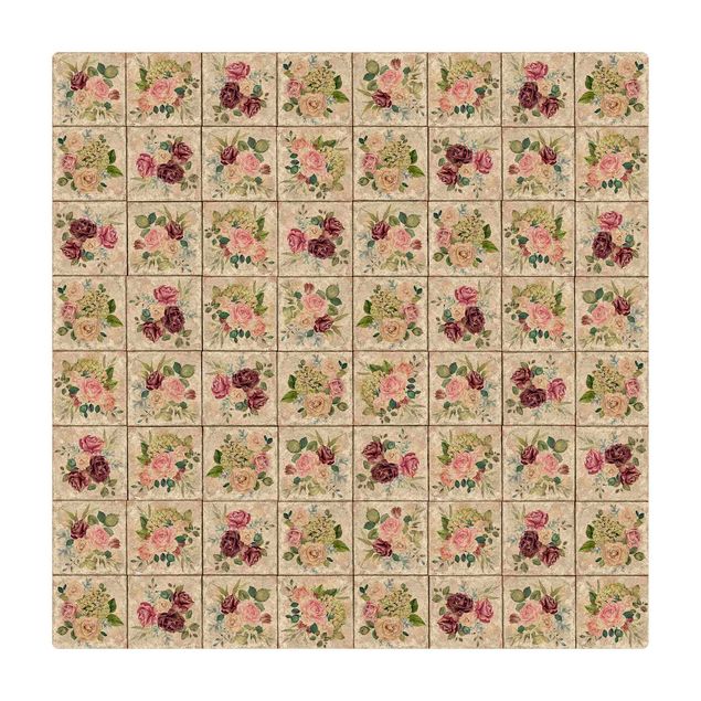 Kork-Teppich - Vintage Rosen und Hortensien - Quadrat 1:1