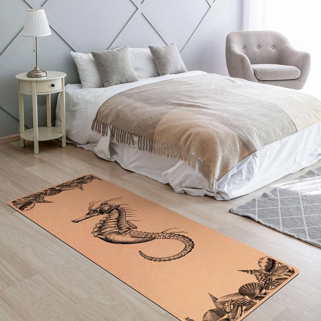 Mandala Teppich Vintage Seepferdchen Schwarz