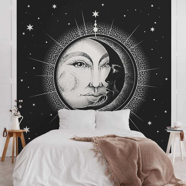 Fototapete Weltraum Vintage Sonne und Mond Illustration