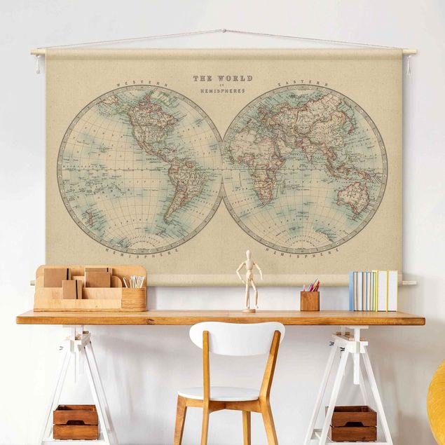 Wandbehang modern Vintage Weltkarte Die zwei Hemispheren