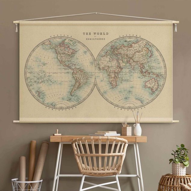 Wandbehang Stoff Vintage Weltkarte Die zwei Hemispheren