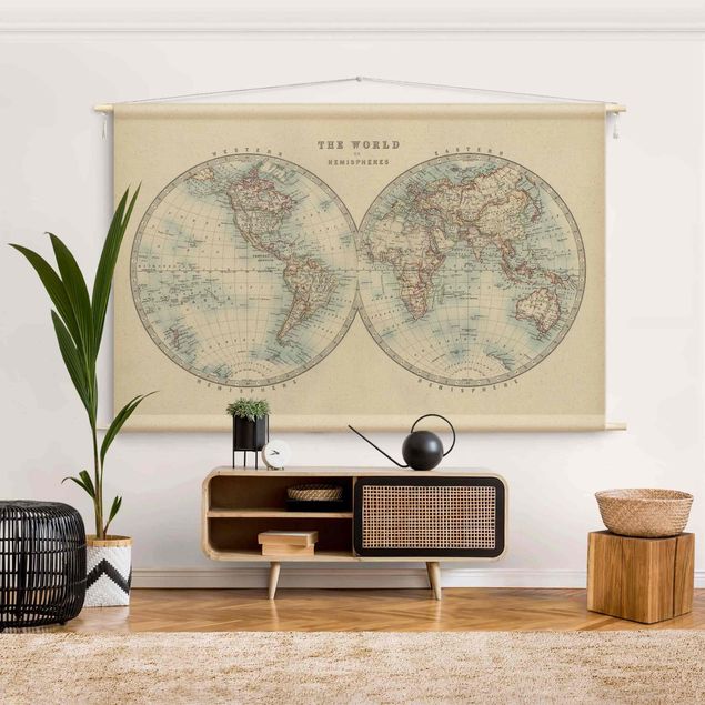 Wandtuch Vintage Weltkarte Die zwei Hemispheren
