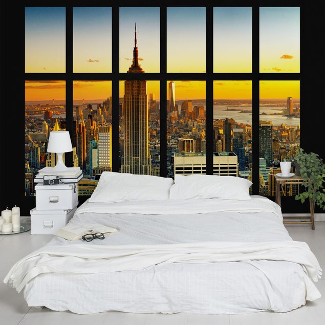 Fototapete Fensterblick Manhattan Skyline Sonnenuntergang
