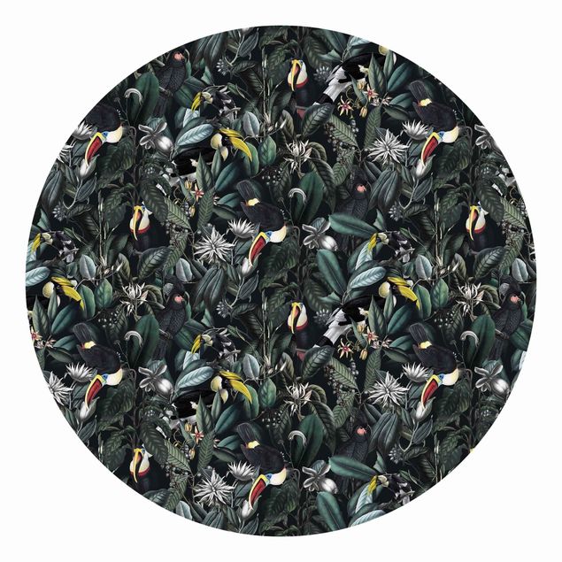 Runde Tapete selbstklebend - Vögel in dunkler Botanik