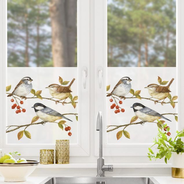 Fensterbilder selbstklebend Vögel und Beeren - Meisen