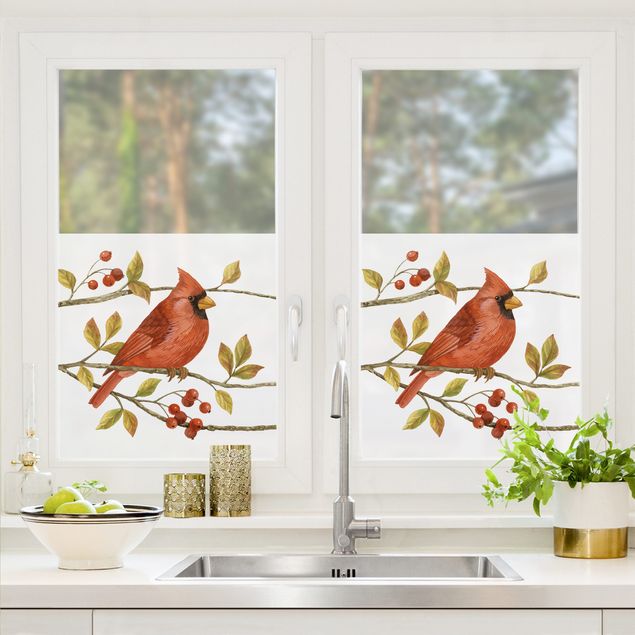 Fensterbilder selbstklebend Vögel und Beeren - Rotkardinal