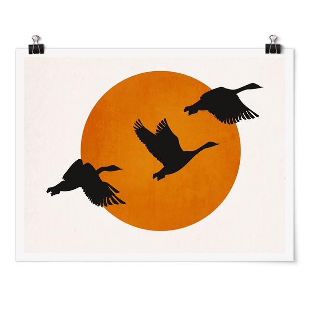 Kubistika Poster Vögel vor gelber Sonne