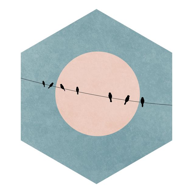 Kubistika Poster Vögel vor rosa Sonne I