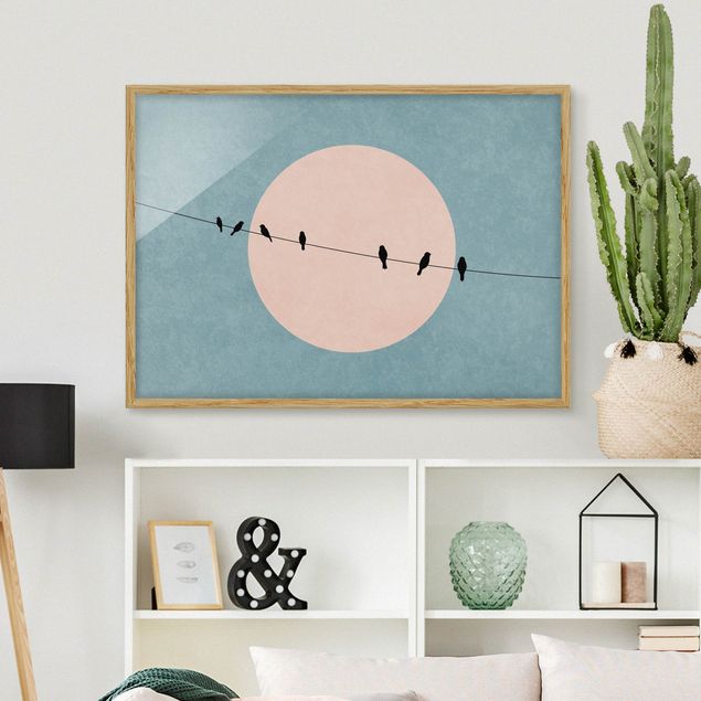 Moderne Bilder mit Rahmen Vögel vor rosa Sonne I
