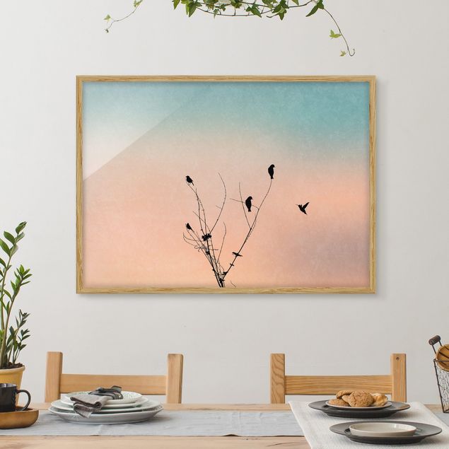 Moderne Bilder mit Rahmen Vögel vor rosa Sonne II