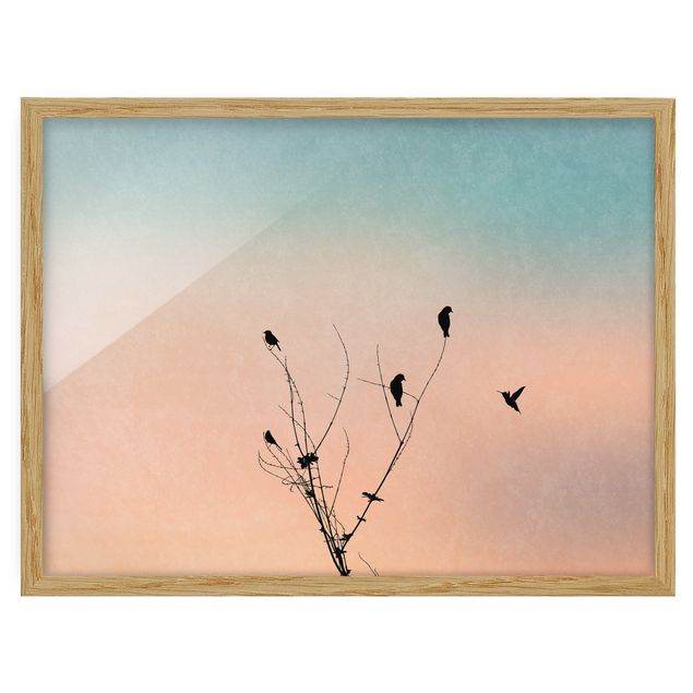 Kubistika Poster Vögel vor rosa Sonne II