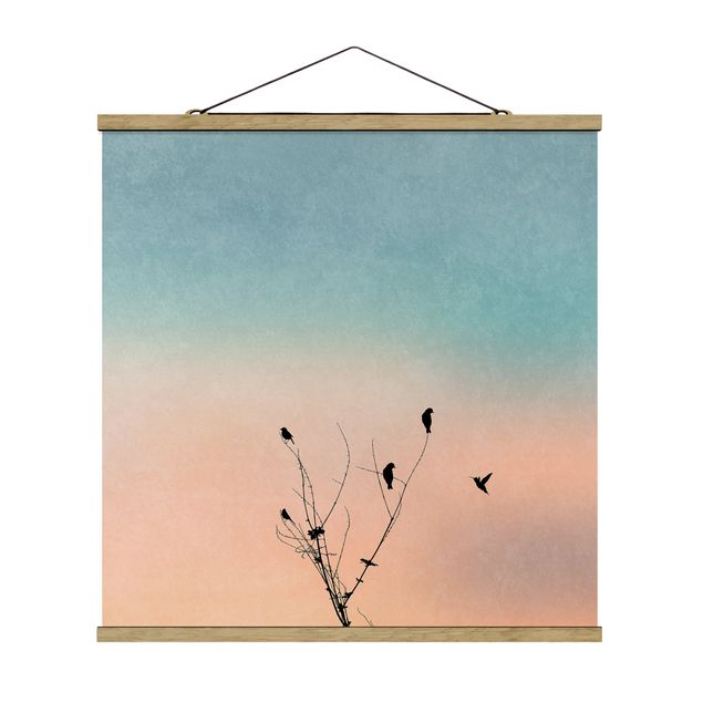 Stoffbild mit Posterleisten - Vögel vor rosa Sonne II - Quadrat 1:1