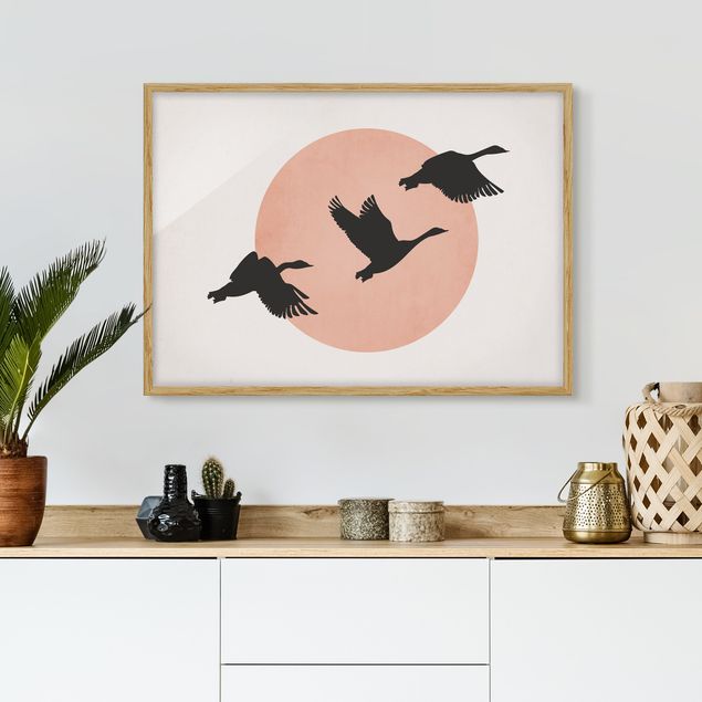 Moderne Bilder mit Rahmen Vögel vor rosa Sonne III