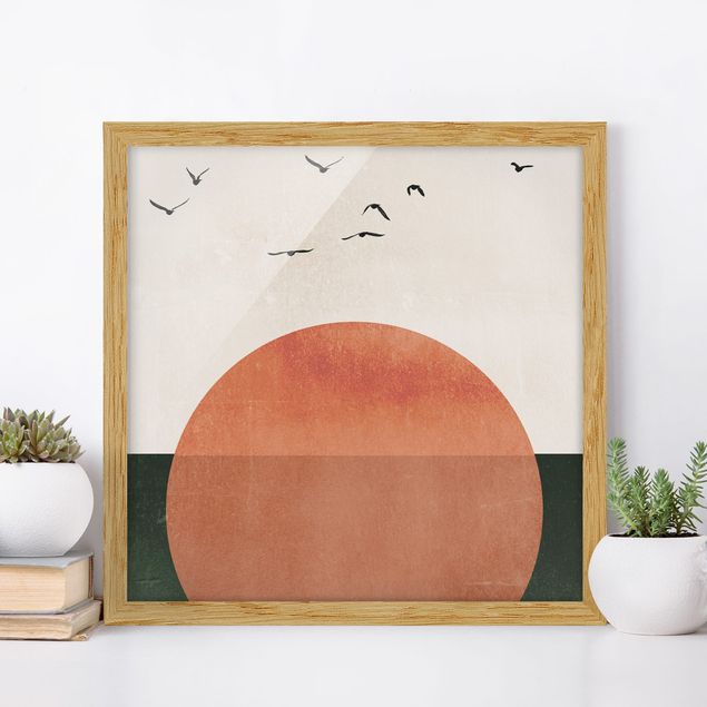 Moderne Bilder mit Rahmen Vogelschwarm vor aufgehender Sonne