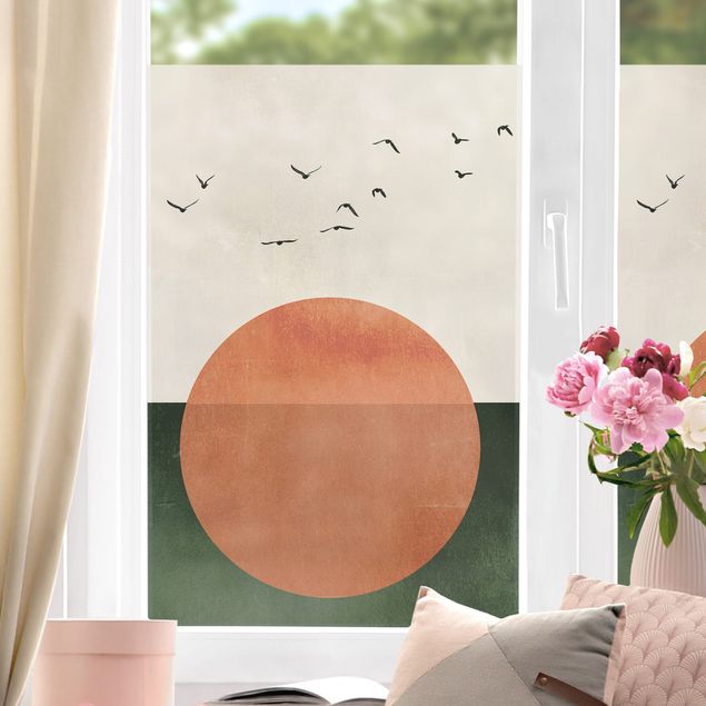 Fensterfolie farbig Vogelschwarm vor aufgehender Sonne