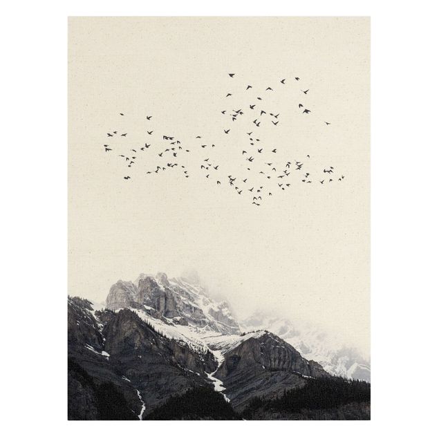 Tierbilder Leinwand Vogelschwarm vor Bergen Schwarz Weiß