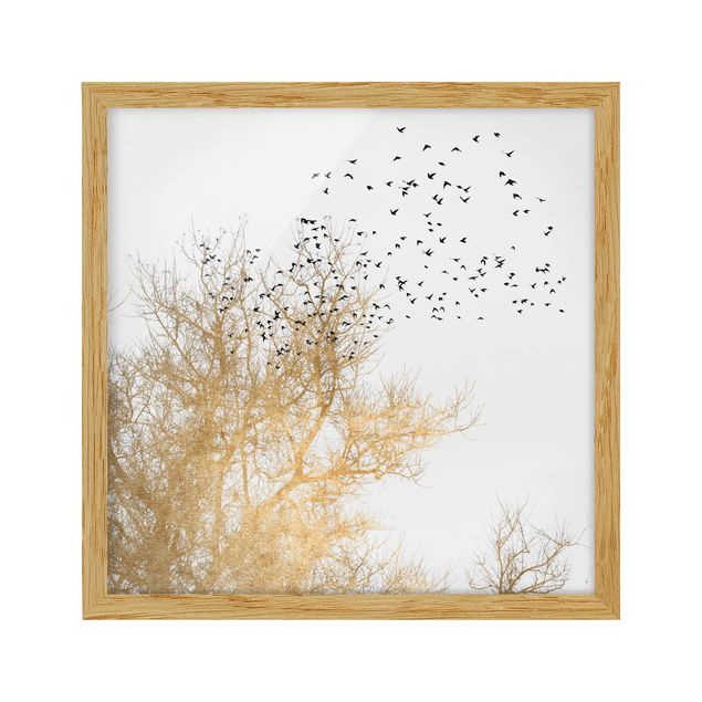 Kubistika Poster Vogelschwarm vor goldenem Baum